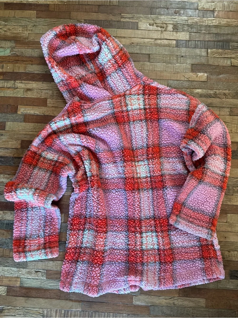 Fleece-like’Flannel Hooded Jacket - Pink & Orange Plaid